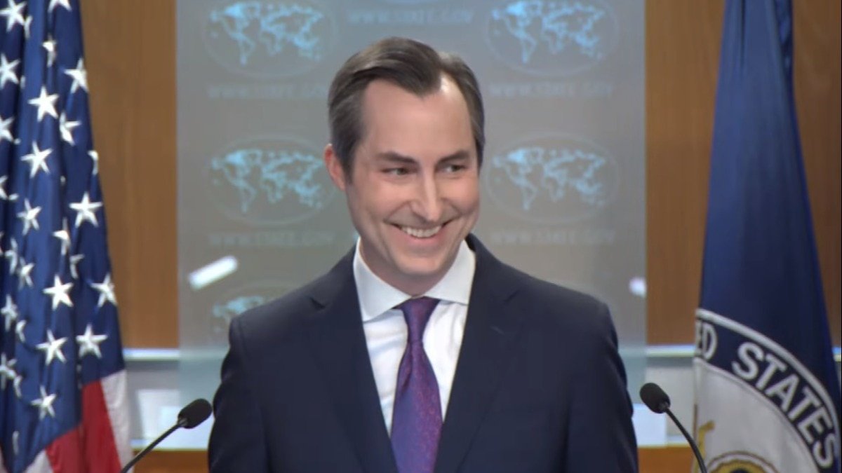US State Department spokesperson Matthew Miller laughs during a press briefing on Tuesday.
